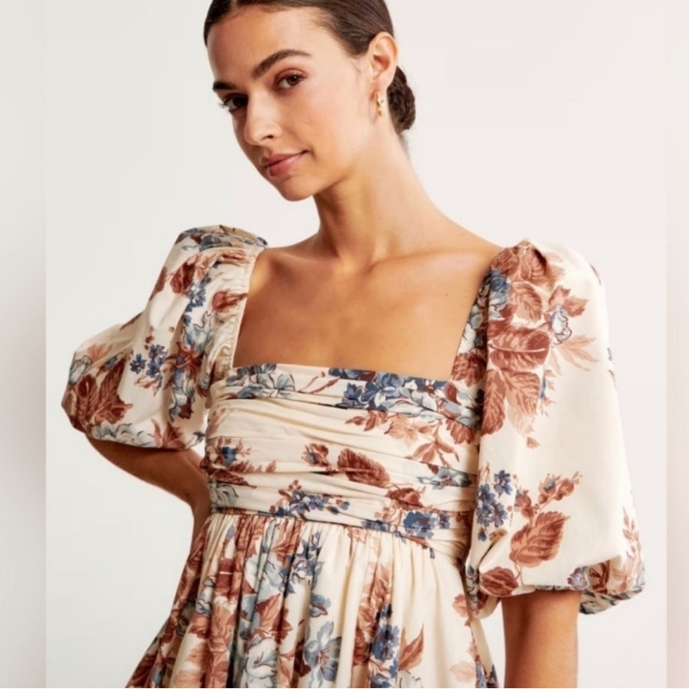 Abercrombie & Fitch Floral Puff Sleeve Dress - Cream, Blue, Brown